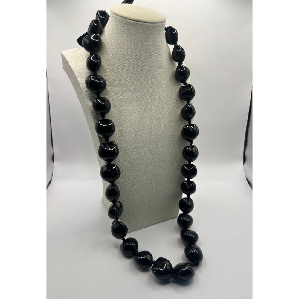 Kukui Nut Lei Necklace Black Polished Ribbon Tie Island Lightweight Hawaiian